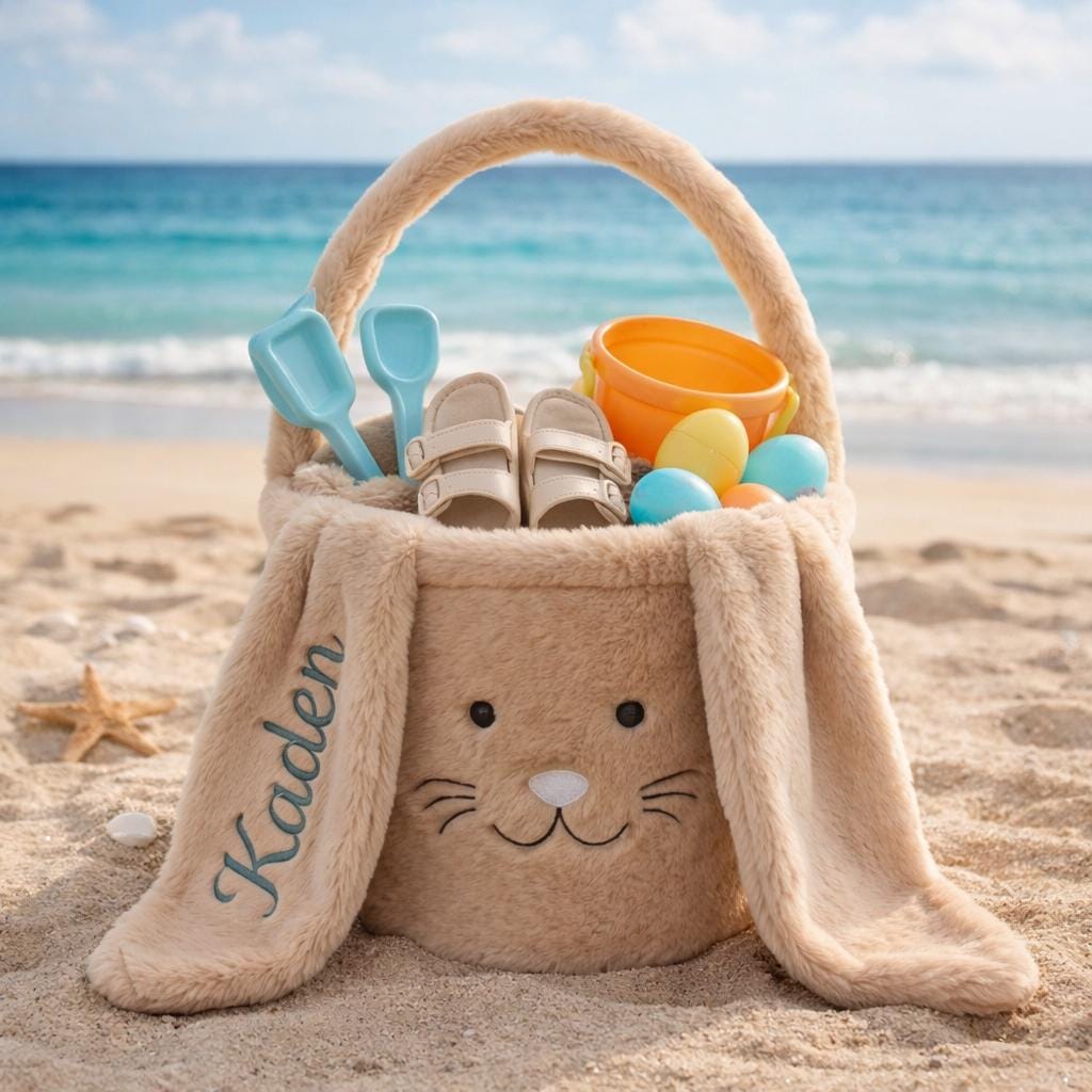 Discover Personalized Easter Bunny Bucket, Extra Large Plush Rabbit Basket, Embroidered Name Baby Easter Gift