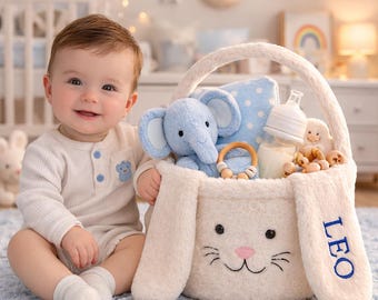 Seau de lapin de Pâques personnalisé, très grand panier de lapin en peluche, cadeau de Pâques pour bébé avec prénom brodé