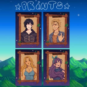 Puede incluir: Cuatro impresiones de personajes con marcos de madera. Las impresiones presentan ilustraciones de personajes con los nombres Sebastian, Sam, Haley y Abigail. La palabra "PRINTS" está escrita en azul, con una fuente caprichosa en la parte superior de la imagen.