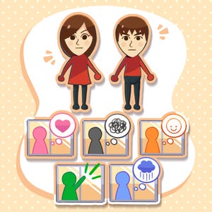 Può includere: Illustrazione di due personaggi dei cartoni animati, una donna e un uomo, sopra sei pannelli più piccoli che raffigurano varie emozioni. I pannelli mostrano figure con fumetti contenenti un cuore, linee aggrovigliate, una faccia sorridente, una mano che indica e nuvole di pioggia.