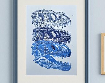 Triple Dino Blue – A3 Lino Cut Original Print