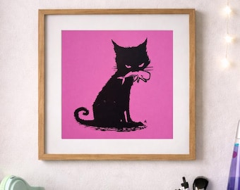 Black Cat and Whale - 12x12" Original Lino Print