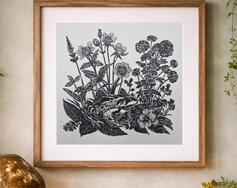 Toad in the Flowers - Lino print 17x17"