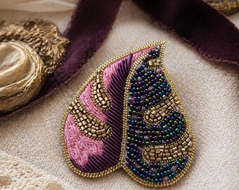 Handmade Monstera Leaf Beaded Brooch: Pink, Plum, Jewel Tones, Gold Accents