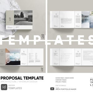 Könnte beinhalten: Eine Angebotsvorlage für Architektur und Innenarchitektur. Die Vorlage umfasst ein Deckblatt, Inhaltsseiten und Projektseiten. Sie ist für die Verwendung mit Adobe InDesign konzipiert und enthält Tutorials zum Erstellen eines Architekturportfolios.