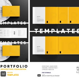 Puede incluir: Un diseño de plantilla de portafolio con una estética moderna. El diseño presenta una combinación de colores amarillo brillante y blanco, con la palabra "TEMPLATES" en letras blancas en negrita. El diseño incluye páginas de portada, currículum, páginas de contenido y páginas de proyecto.