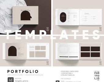 May include: A set of InDesign templates for creating an architecture or interior design portfolio. The templates feature a minimalist design with a black arch shape and a white background. The text "Portfolio" is displayed on the cover page, along with the words "Architecture/Interior Design" and "Indesign Templates".