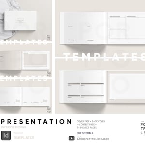 Könnte beinhalten: Eine Sammlung offener weißer Portfolio-Vorlagen mit minimalistischem Design. Die Vorlagen umfassen Titelseiten, Inhaltsseiten und Projektseiten. Der Text auf dem Bild lautet "PRESENTATION INTERIOR DESIGN" und "TEMPLATES".