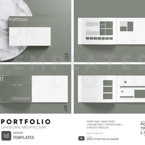 Könnte beinhalten: Ein Mockup einer Landschaftsarchitektur-Portfolio-Vorlage für InDesign. Das Cover zeigt den Text "Portfolio" und "Landschaftsarchitektur". Die Innenseiten enthalten einen Projektnamen, eine Rasterseite und eine Seite mit einem Schwarzweißbild.
