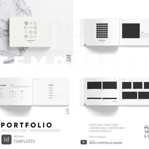 Peut inclure: Un modèle de portfolio blanc et noir pour l'architecture et le design d'intérieur. Le modèle comprend une page de couverture, une page de CV, une page de contenu et des pages de projet. Le modèle est conçu pour être utilisé avec Adobe InDesign.