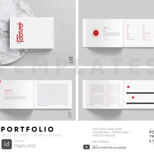 Op de afbeelding: Een witte en rode portfolio-sjabloon voor architectuur en stedenbouw. De omslag toont het woord "Portfolio" in rode tekst. De sjabloon bevat een omslagpagina, een achterkant, een cv-pagina, een inhoudspagina en zes projectpagina's. De sjabloon is ontworpen voor gebruik met Adobe InDesign.