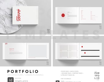 Könnte beinhalten: Eine weiße und rote Portfolio-Vorlage für Architektur und Stadtplanung. Das Cover zeigt das Wort "Portfolio" in roter Schrift. Die Vorlage umfasst ein Deckblatt, ein Rückblatt, eine Lebenslaufseite, eine Inhaltsseite und sechs Projektseiten. Die Vorlage ist für die Verwendung mit Adobe InDesign konzipiert.