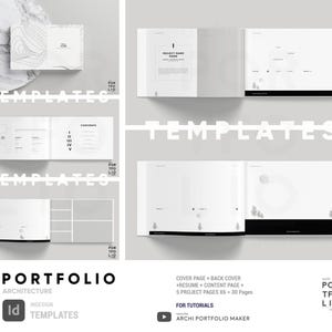 Peut inclure: Un modèle de portfolio d'architecture minimaliste. La mise en page comprend des pages de couverture, de contenu et de projet. Le design est principalement blanc avec des accents noirs. Le texte comprend "PORTFOLIO ARCHITECTURE" et "INDESIGN TEMPLATES".
