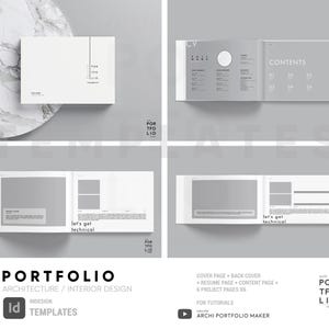 May include: A white portfolio mockup with the text "PORTFOLIO" and "ARCHITECTURE/INTERIOR DESIGN" in black. The mockup is open to reveal a page with the text "let's get technical" and a gray background. The text "POR TFO LIO" is repeated throughout the mockup.