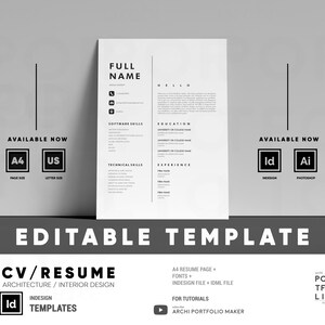 Puede incluir: Una plantilla de currículum vitae blanca con secciones para datos personales, habilidades, educación y experiencia. El diseño está disponible en tamaños A4 y US Letter, y es editable en InDesign y Photoshop. Se muestra el texto "EDITABLE TEMPLATE".