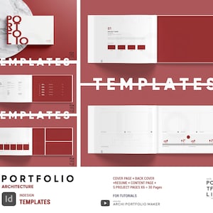 Può includere: Un modello di portfolio con uno schema di colori rosso e bianco. Il design include una copertina, un curriculum, una pagina di contenuto e pagine di progetto. Il testo include "Portfolio Architecture" e "Templates".