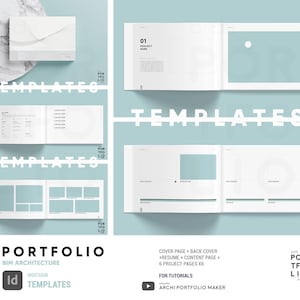 May include: A portfolio template design with a light blue and white color scheme. The design includes open books, a brochure, and an envelope. Text includes "Portfolio BIM Architecture" and "Templates". The design also includes a YouTube icon and the text "Archi Portfolio Maker".