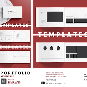 Peut inclure: Un ensemble de modèles de portfolio numérique pour l'architecture avec une couverture blanche, un CV, une page de contenu et des mises en page de projet avec des espaces réservés gris foncé sur fond rouge. Texte : PORTFOLIO ARCHITECTURE, INDESIGN TEMPLATES, ARCHI PORTFOLIO MAKER.