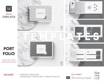 May include: A mockup of a portfolio template for InDesign. The template is designed for architects and interior designers. The cover features a gray background with the word "Portfolio" in red text. The template includes a cover page, back cover, resume page, content page, and five project pages.