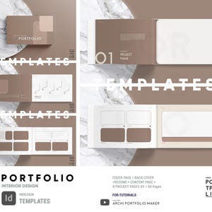 May include: A portfolio template for interior design, featuring a brown and white color scheme. The design includes cover pages, resume, content pages, and project pages. The text includes "Portfolio", "Interior Design", and "Templates".