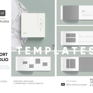 May include: A mockup of a portfolio template for InDesign. The template is designed for architects and interior designers. The cover page features the text "Portfolio" and the text "Architecture Interior Design". The template includes a cover page, back cover, content page, and six project pages.