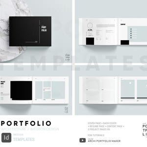 May include: A mockup of a portfolio template for architects and interior designers. The template includes a cover page, resume page, content page, and project pages. The template is designed to be used with Adobe InDesign and is available for download as a digital file.
