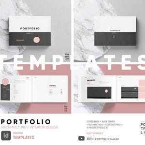 Peut inclure: Un modèle de portfolio pour l'architecture et le design d'intérieur. Le design présente une couverture blanche et gris foncé avec le mot "PORTFOLIO" en gras. À l'intérieur, les pages ont une mise en page épurée avec des accents roses et le texte "PROJECT 1" et "CONTENTS".