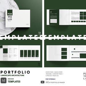 Peut inclure: Modèle de portfolio pour l'architecture paysagère, avec une couverture blanche portant le mot "PORTFOLIO". Le modèle comprend des pages de couverture et de dos, un CV, des pages de contenu et cinq pages de projet. Design épuré et moderne.