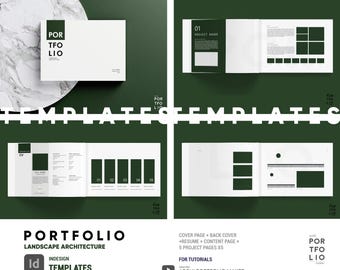 May include: A portfolio template for landscape architecture, featuring a white cover with the word "PORTFOLIO". The template includes cover and back pages, a resume, content pages, and five project pages. The design is clean and modern.