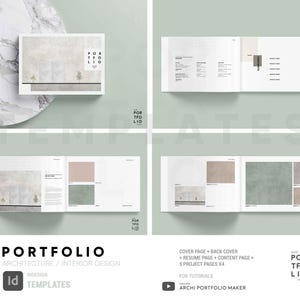 May include: A mockup of an architecture and interior design portfolio template. The template features a cover page, resume page, content page, and project pages. The template is designed for use with Adobe InDesign and includes tutorials for creating a professional portfolio.