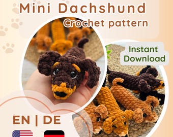Haakpatroon mini teckel | Geen naai-amigurumi | Easy pluche hond | Beginnersvriendelijke pdf | Teckelpatroon