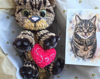 Puede incluir: Un peluche de gato tejido a ganchillo con rayas marrones y negras, ojos verdes grandes y nariz rosa, que sostiene un cojín rosa brillante en forma de corazón con el nombre Sam bordado en hilo blanco, junto a una tarjeta con un retrato de gato.