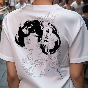 Ramen Girl T-Shirt | Japanese Noodles Izakaya Line Drawing Illustration Graphic Tee | Asian Tokyo Ramen Lover Gift Streetwear by JUURI
