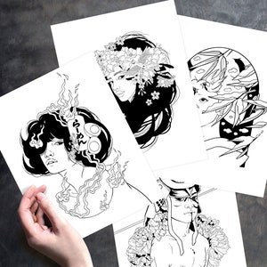 4 Printable JUURI Japanese Art Coloring Sheets | 8.5x11&quot; Letter Size | Instant Digital Download | Asian Coloring Book Pages by JUURI