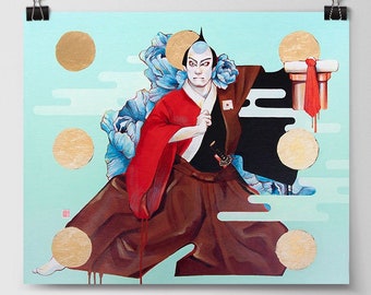 Papierdruck | Kabuki Nirami Pose Naritaya Danjuro Ebizo, Blau Braun, | Ungerahmt Poster Japanisch Asiatisch Wand Kunst von JUURI | “HIMMEL NIRAMI”