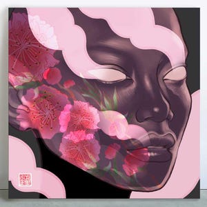 May include: Square canvas art featuring a stylized portrait of a person with dark skin. The face is partially obscured by pink flowers and cloud-like shapes. The eyes are white, and the background is black.
