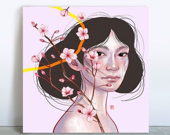 Papieren afdruk | Roze sakura-kersenbloesem, lentebloemen prachtig vierkant | Ingelijste poster Japanse Aziatische muurkunst van JUURI | “Rishun 2”