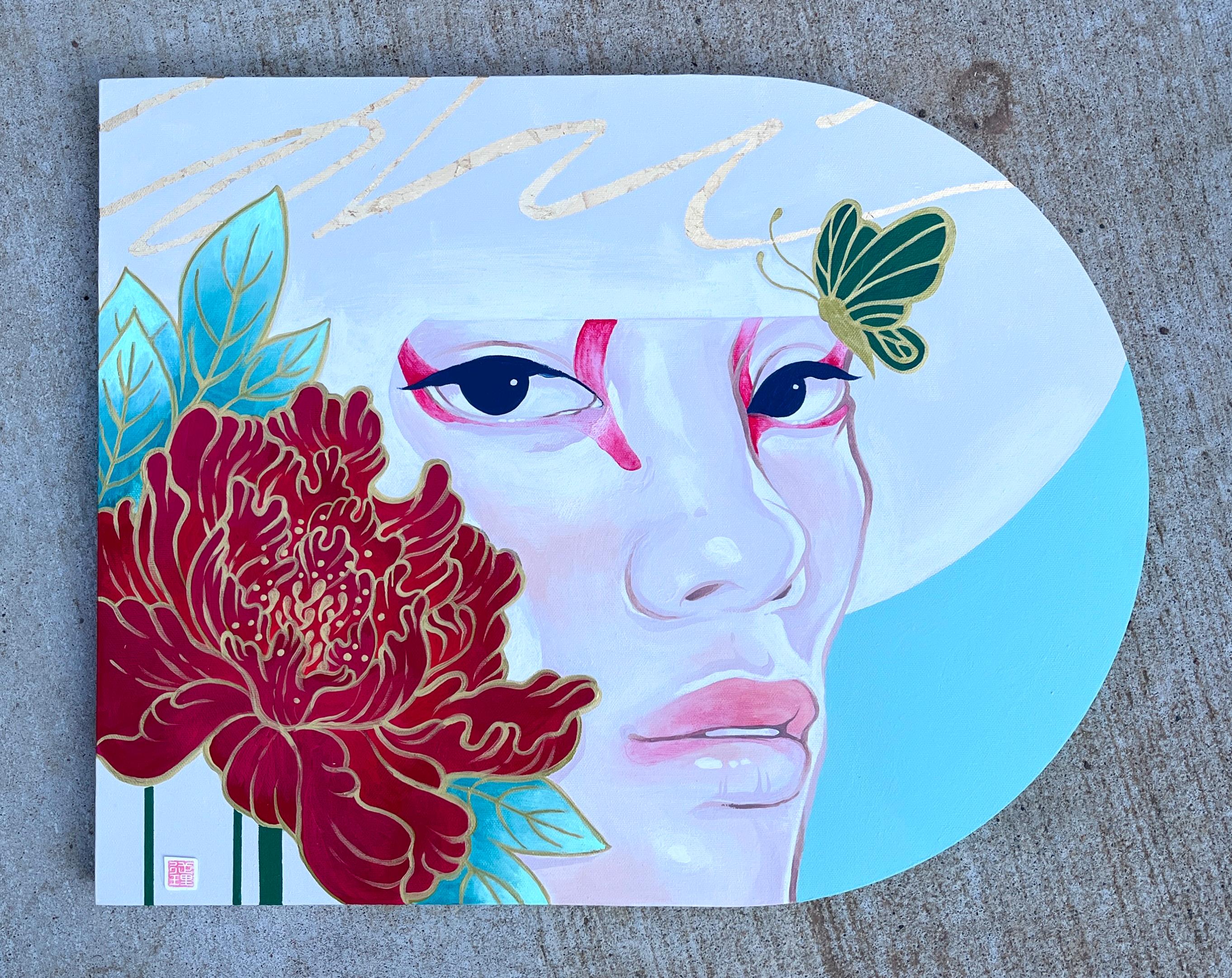 オリジナル絵画 ダブルセット | 歌舞伎獅子 連獅子 縁起物 赤白 16x20