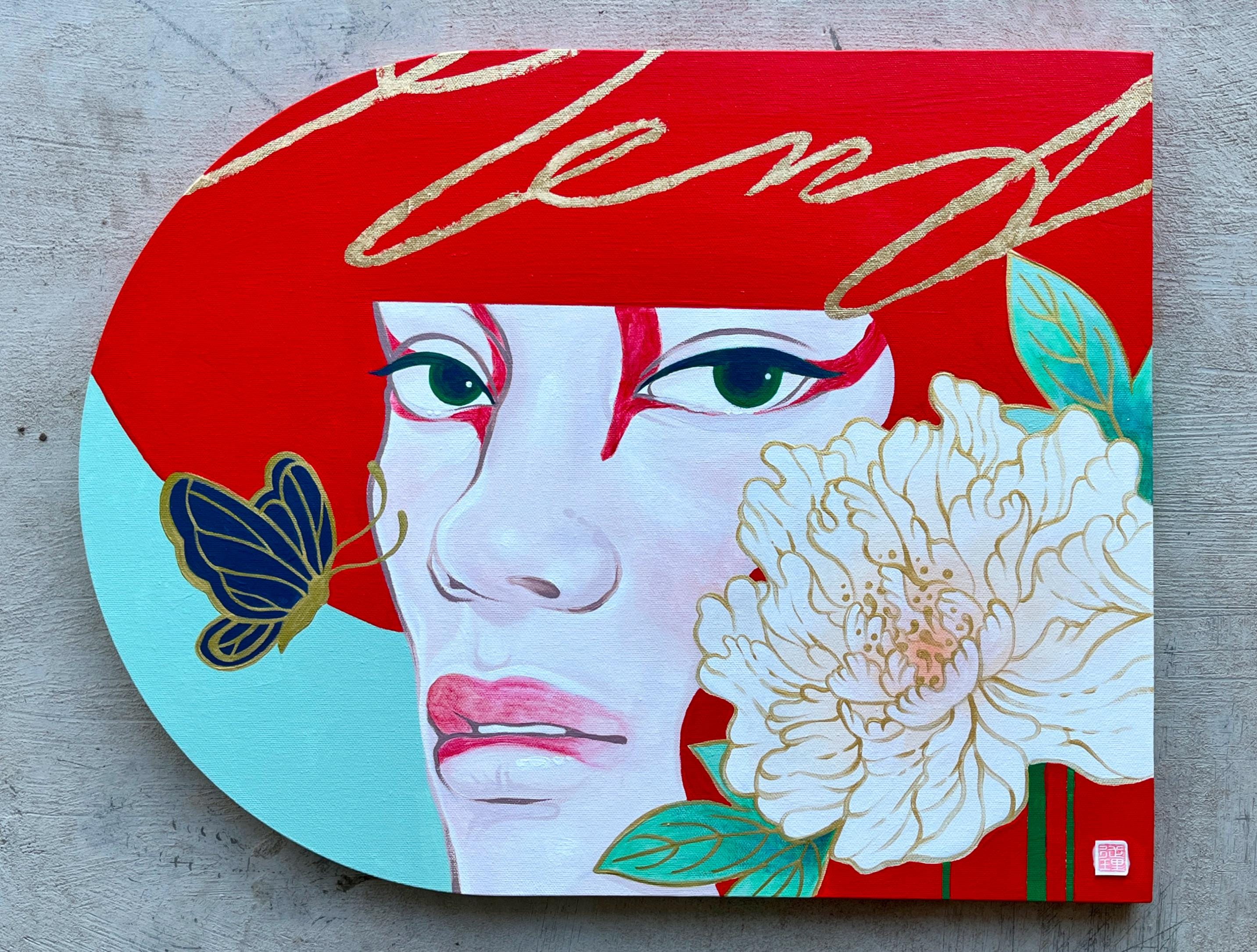 オリジナル絵画 ダブルセット | 歌舞伎獅子 連獅子 縁起物 赤白 16x20