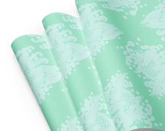 Japanese Pattern Wrapping Paper Sheets | Araiso Wafuu Kamon Pattern | Fish Buffeted by the Waves of the Sea | Mint Seafoam Pastel Green
