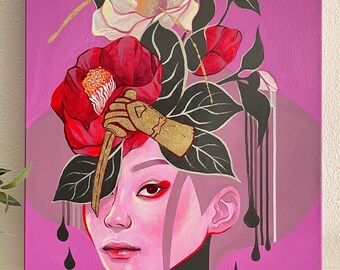 オリジナル絵画 ダブルセット | 歌舞伎獅子 連獅子 縁起物 赤白 16x20