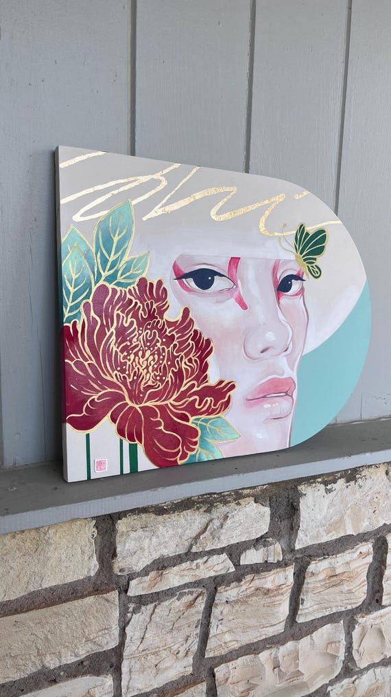 オリジナル絵画 ダブルセット | 歌舞伎獅子 連獅子 縁起物 赤白 16x20