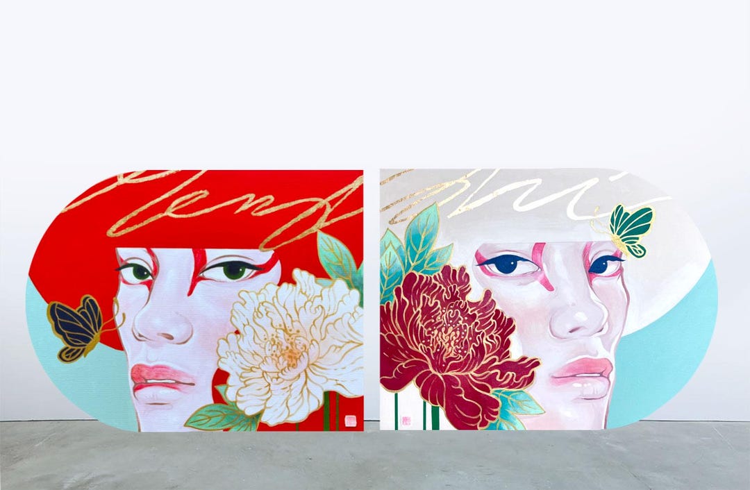 連獅子　絵　壁掛け オリジナル絵画 ダブルセット | 歌舞伎獅子 連獅子 縁起物 赤白 16x20