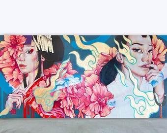 Original Painting | Kabuki Theater Narukami Princess Priest, Gold Leaf, Wide Format | Unframed Canvas Japanese Asian Wall Art by JUURI