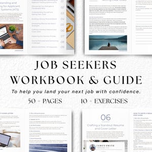 Puede incluir: Un libro de trabajo y una guía para buscadores de empleo, con el título "Job Seekers Workbook & Guide" y el lema "Para ayudarte a conseguir tu próximo trabajo con confianza." El libro de trabajo tiene más de 50 páginas y más de 10 ejercicios. Una página muestra a una persona usando una computadora portátil, y otra página muestra a una persona sentada en un muelle.