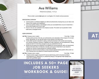 May include: A resume template with the name "Ava Williams" at the top. The document includes sections for professional overview and work experience. The image also includes a tablet with a workbook and guide.