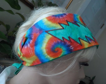 GRATEFUL DEAD HEADBAND ,,All Handsewn, Rainbow Swirl Colors,,Topped with a 13 Point lighting Bolt