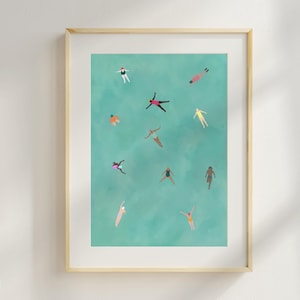 Art Print | Miniature People Swimming Print | Tiny Swimmers Poster | Floating in Water | Museum Quality Matte Art Paper | Giclee Inks |