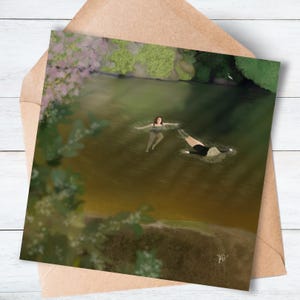 Greetings Card | Friends Swimming Illustration |  'Joy and Rest in the Dye' | High Quality Mohawk 324gsm | Square 5.5 X 5.5 in/ 14 X 14 cm