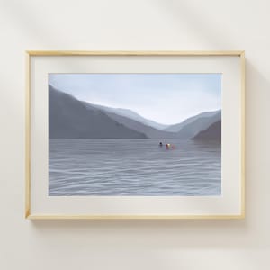 Calm and Grey at Derwent Water Art Print | Wild Swimmer Illustration | Giclée Matte Paper Print | Lake District Swim Decor